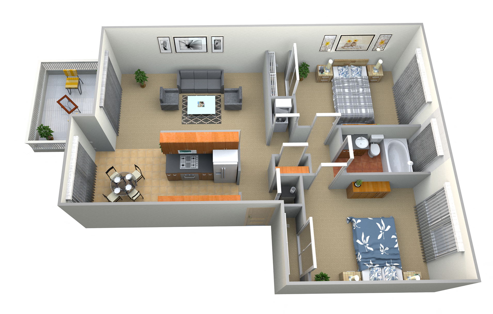 Floor plan for 2 beds, 1 bath, 850 sqft